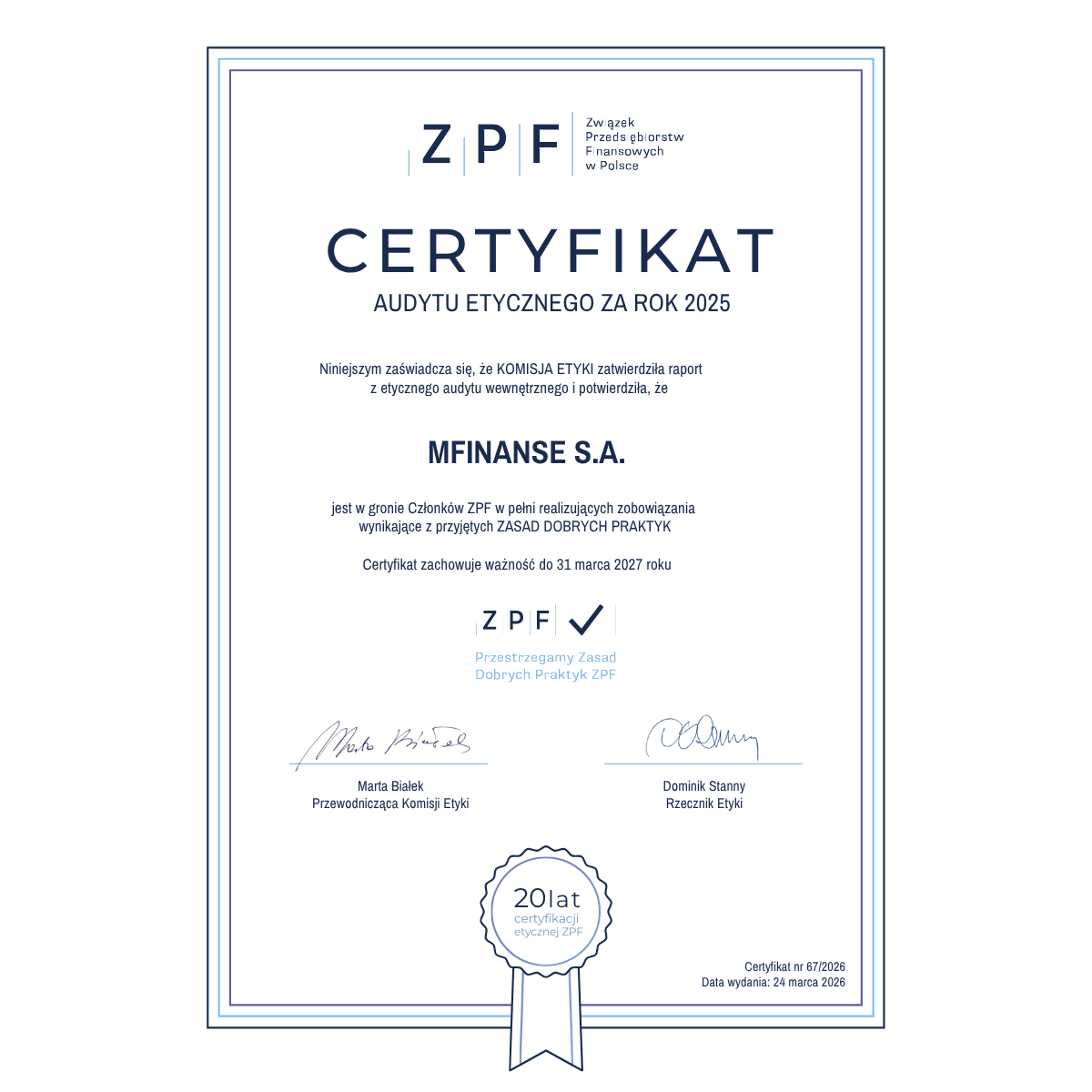 Certyfikat etyczny ZPF